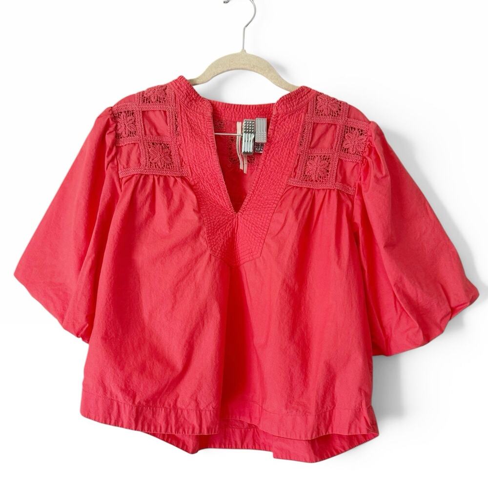 Anthropologie Coral Cotton Oversized Crochet Blouse Size Small